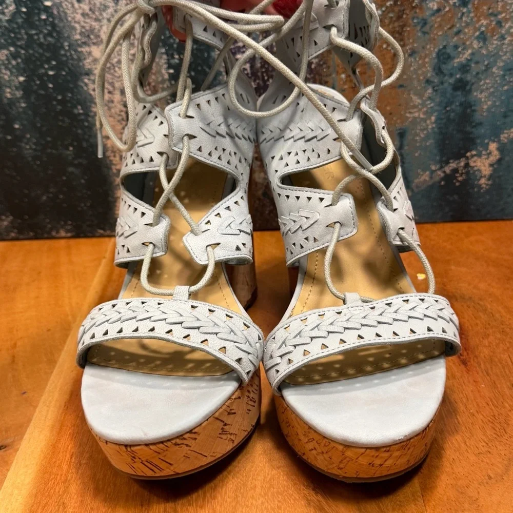 Marc Fisher Boho Chic Leather Lace-Up Cork Wedge Sandals – Light Blue (EUC)